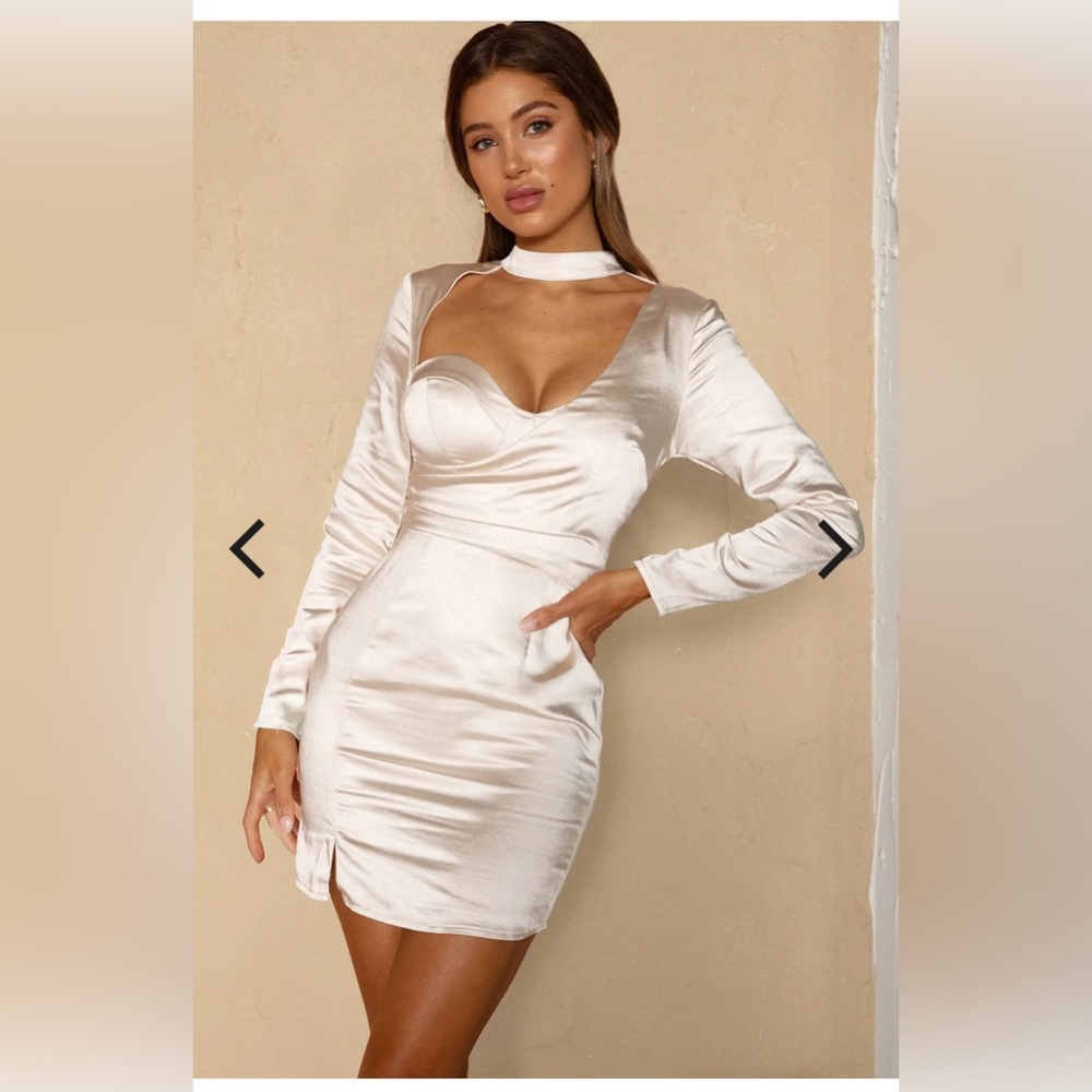 Celestial Asymmetrical Neckline Mini Dress Oyster